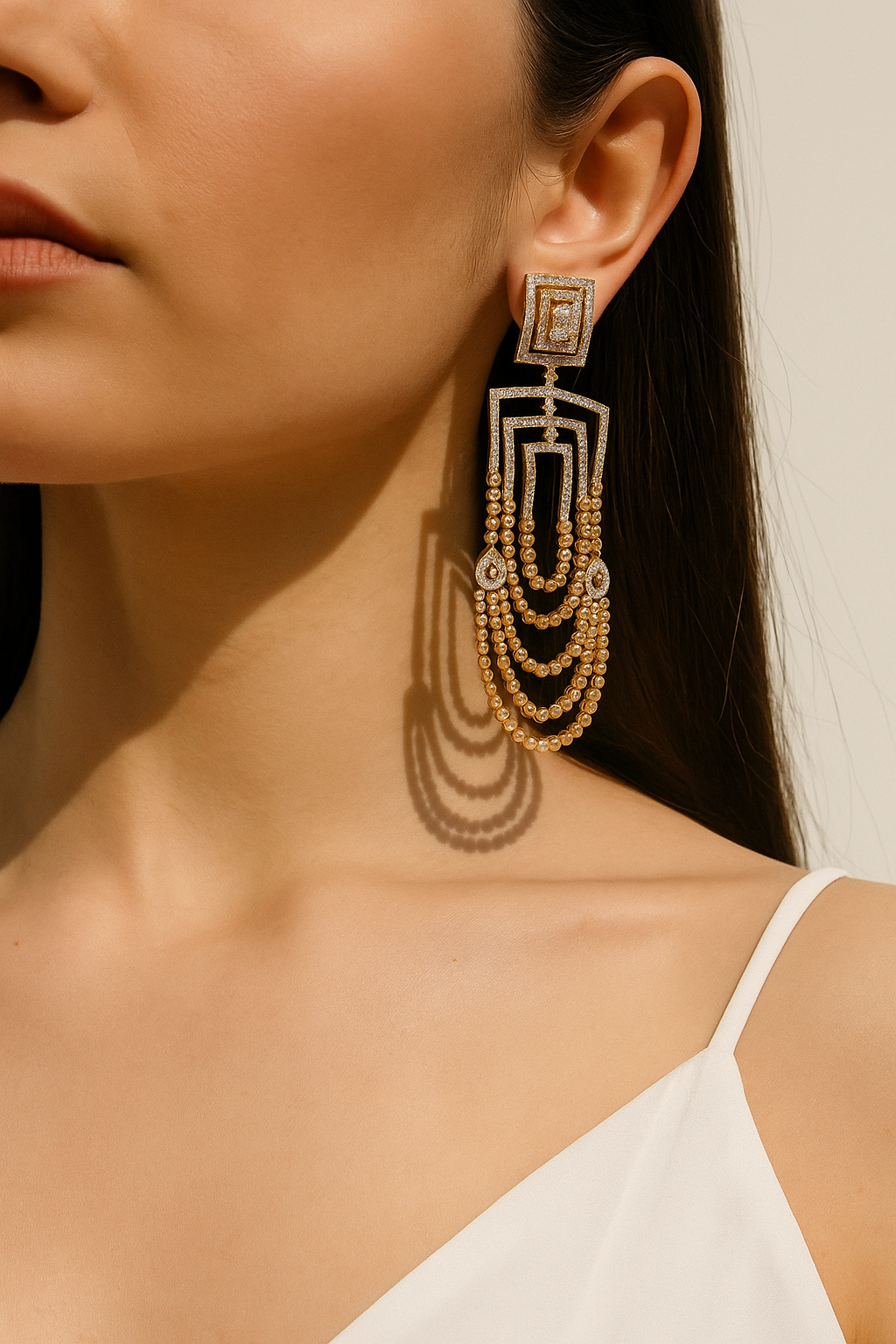 Geometric Gold & Silver Dual-Tone Long Statement Earrings
